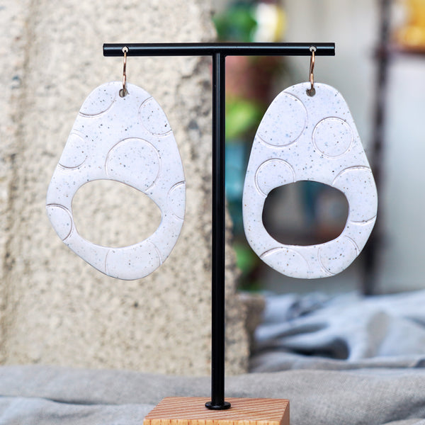 Artful Speckled White Circle-Textured Abstract Polymer Clay Earrings by JAX Atelier Made in San Diego