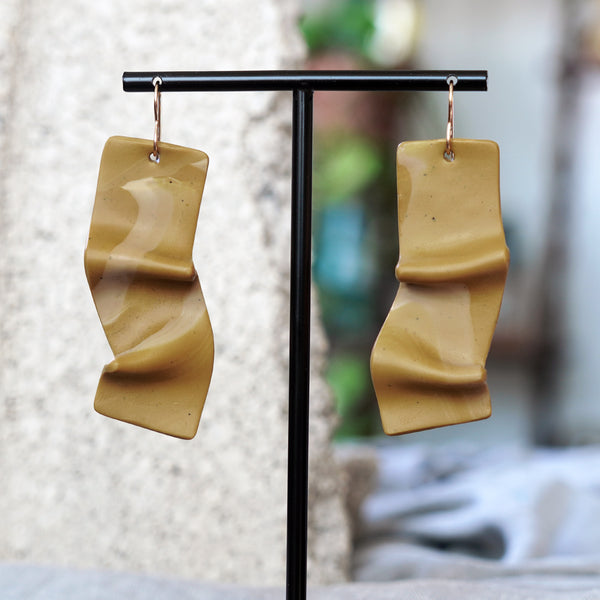 Unique Yellow Ochre Crinkled Abstract Polymer Clay Earrings by JAX Atelier Made in San Diego