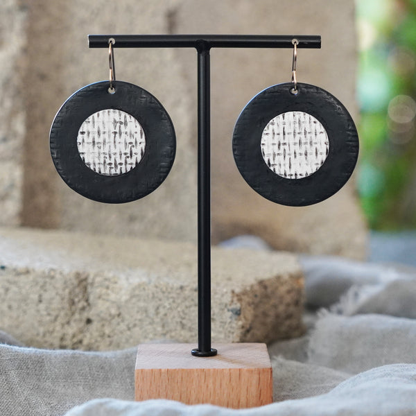 Textured Hand Painted Black White 3D Circle Statement Earrings Jax Atelier San Diego