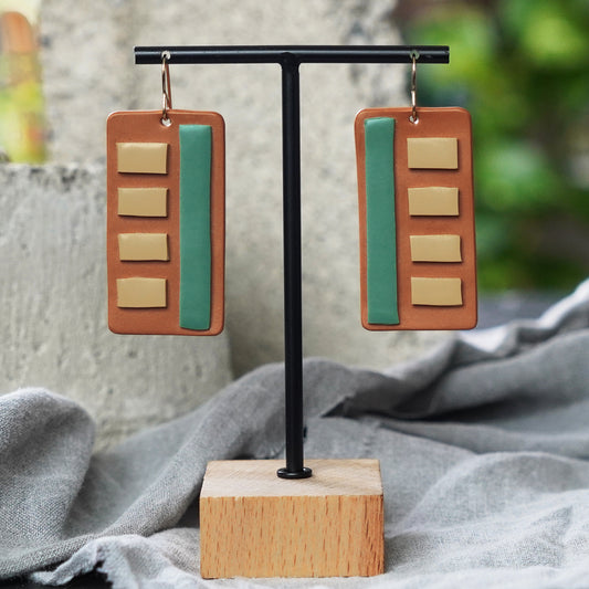 Unique Caramel, Light Yellow, Teal, Geometric Polymer Clay Earrings, JAX Atelier
