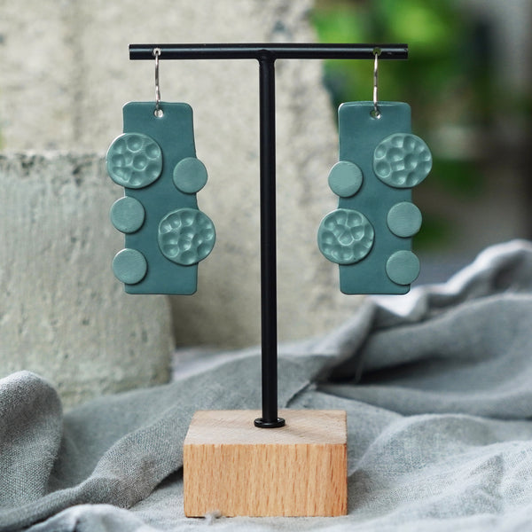Dark Seafoam Rectangle Circles Polymer Clay Statement Earrings JAX Atelier