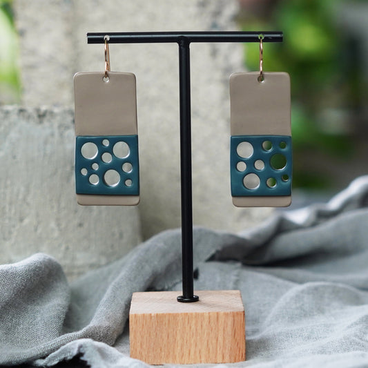 Taupe Teal Circle Cut out Abstract Polymer Clay Earrings Jax Atelier