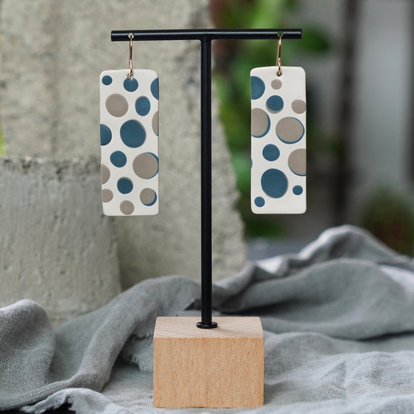 White Teal Taupe Polkadots Abstract Polymer Clay Statement Earrings Jax Atelier
